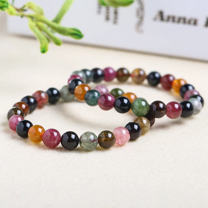 JD 7A Natural Colorful Tourmaline Bracelet 6/8/10/12 mm Round Unique Stone Beads Lucky Simi Precious | Украшения и аксессуары