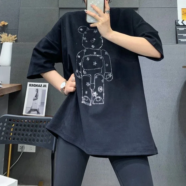 

European Heavy Industry Inlaid with Diamond Bear Pattern Large Edition Short Sleeve T-shirt for Women's Loose, Casual and