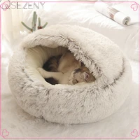 qsezeny new style pet dog cat bed round plush cat warm bed house soft long plush bed for small dogs for cats nest 2 in 1 cat bed
