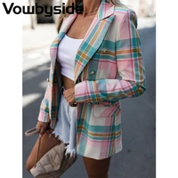 spring and autumn new womens casual jacket striped plaid single button blazers long sleeve lapel slim suit