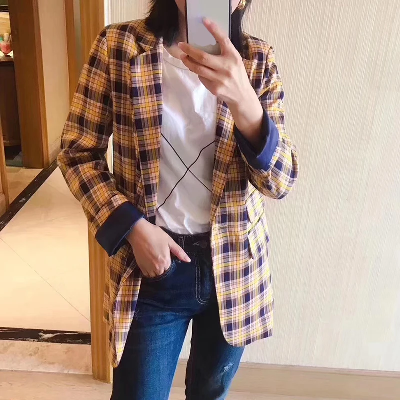 

GALCAUR Plaid Hit Color Women's Jacket Notched Long Sleeve Pocket Tunic Female Elegant Office Blazer 2020 Autumn Fashion Clothes