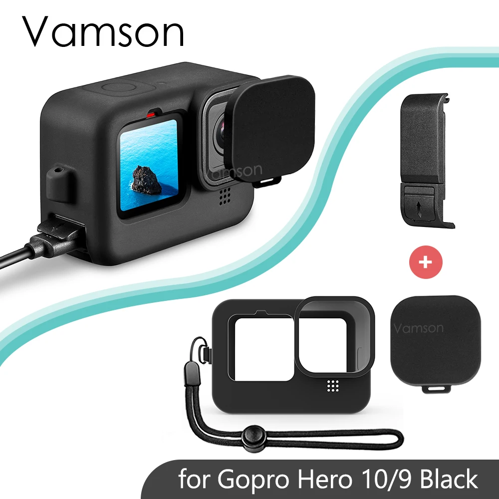 Боковая крышка аккумулятора Vamson с силиконовым чехлом для GoPro Hero 10 9 черная Съемная