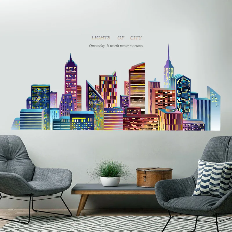 

Large Colorful Tall City Buildings Wall Stickers for Living Room Sofa Background Wall Decor Decals Creative Mural Home Decor Art