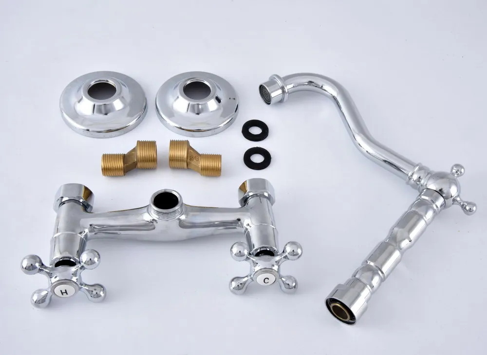 Полированный хром двойные ручки для ванной кухни раковины смесители настенный