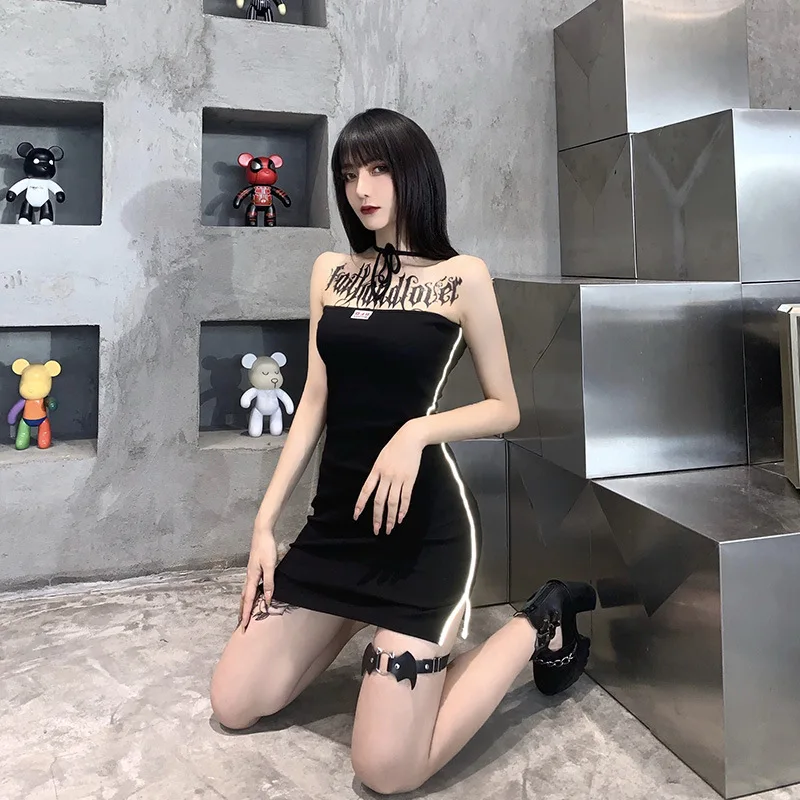 

28092p Gothic dress women Autumn New Fashion Sexy Design Reflective Striped Sheath Strap Dress Reverse