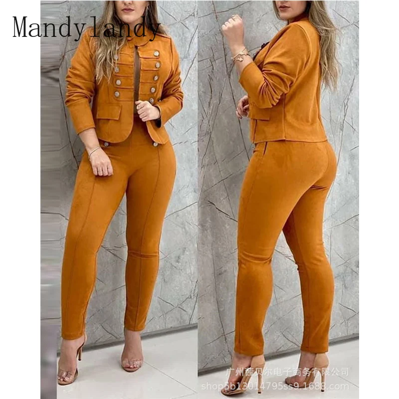 

Женский осенний спортивный костюм Mandylandy, комплект брюк, женский спортивный двубортный пиджак и облегающие брюки с высокой талией, комплект ...