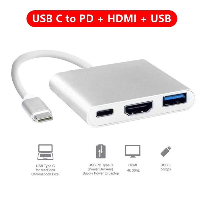 Концентратор-адаптер USB C для MacBook Pro Air Hp Dell Разветвитель Type-C на 4K HDMI с питанием