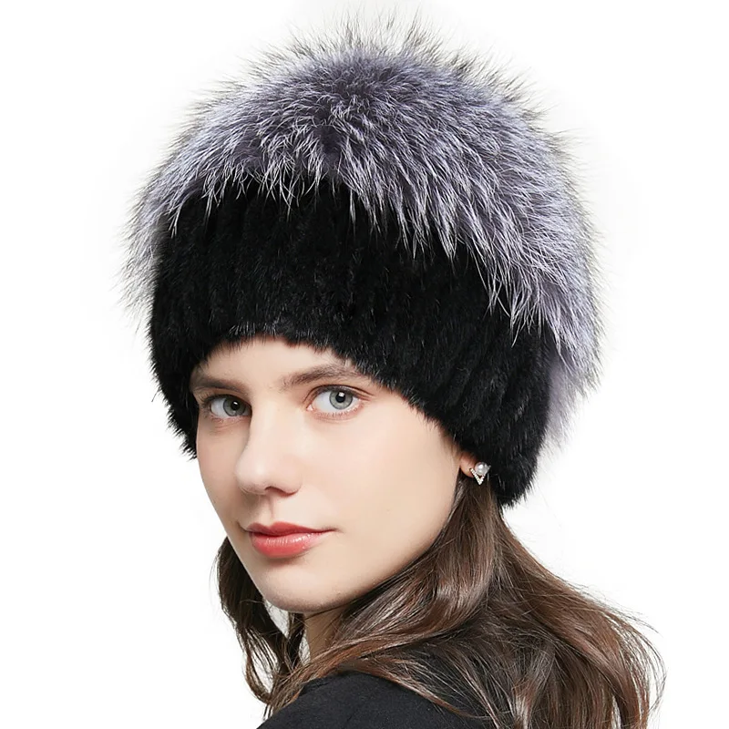 GYR-01 New Popular Style Mink Hat Ms. Fashionable Knitted Cap Fox Winter Fur Hat