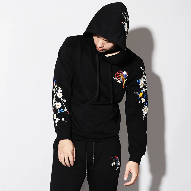 Мужская толстовка с капюшоном в стиле хип-хоп вышивкой сакуры Японская уличная
