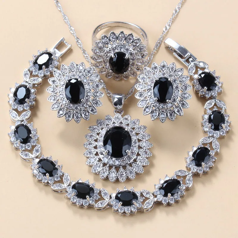 925 серебряные Модные Ювелирные наборы женские scessories черный фианит Подсолнух клип