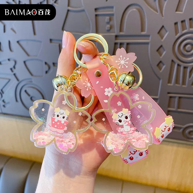 

Cartoon Sakura Cat Keychain Move Glitter Quicksand Liquid Girls Keyring Bag Pendant Car Key Chain Key Ring for Men Women Gift