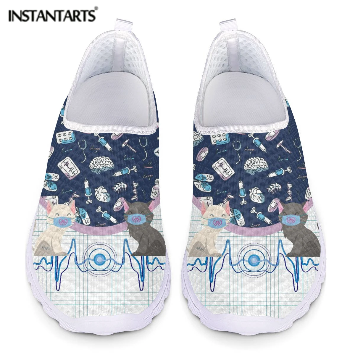 

Женские сетчатые кроссовки INSTANTARTS, милая обувь на плоской подошве с мультяшным рисунком кошки ЭКГ, с маской, лоферы без шнуровки, медицинские инструменты