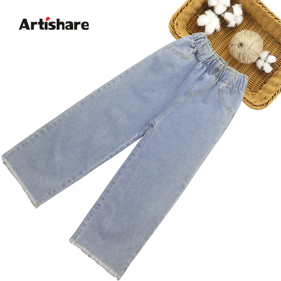 Джинсы для девочек однотонные джинсы с широкими штанинами детские высокой