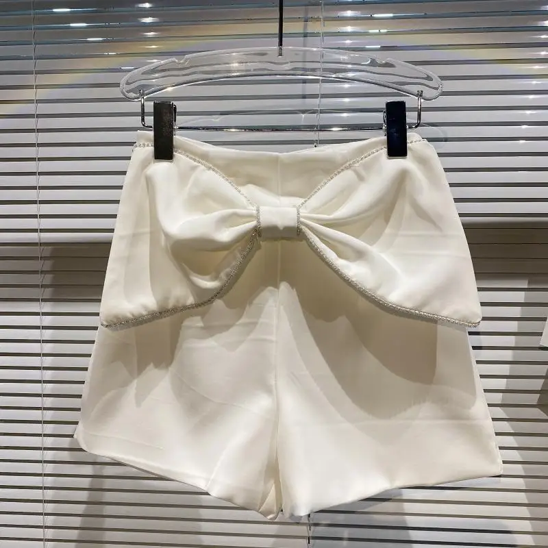 

2021 Summer Mid-Waist Big Bow Rhinestone Shorts Women Temperament Chic Suit Shorts Female Solid Casual Biker Short Pants Fashion