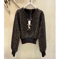 women 2021 wool autumn sweater vintage golden thread rhinestone lantern sleeve deep v pullover runway knitted jumper