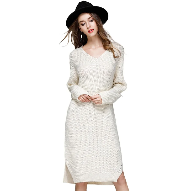 

Fall 2020 new product solid color loose large size knitted dress long v-neck base sweater sweater