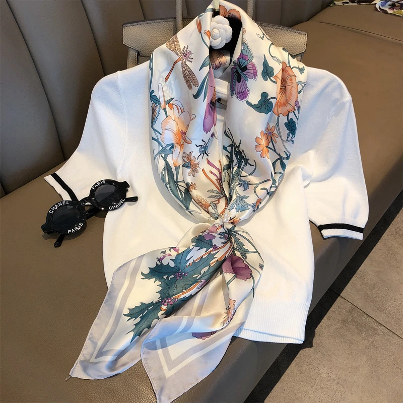 

Scarf woemn alphabet flowers simulation silk scarf decoration collar summer travel seaside sunscreen beach towel wild Neck Scarf