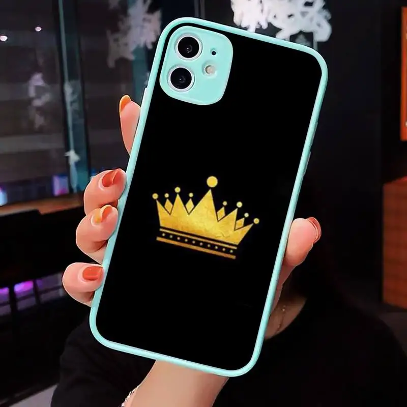 

King Queen Crown Phone Case Matte transparent For blue iPhone 12 Mini 11 Pro XR XS Max 7 8 Plus X Back Cover