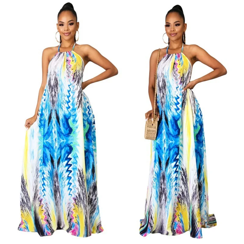 

2021 European and American Print Sexy Fashion Open Back Women's Dress New