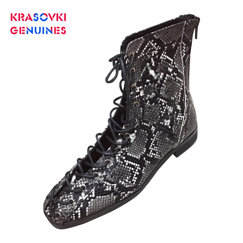 Женские ботинки из натуральной кожи красовки модные римские со змеиным принтом