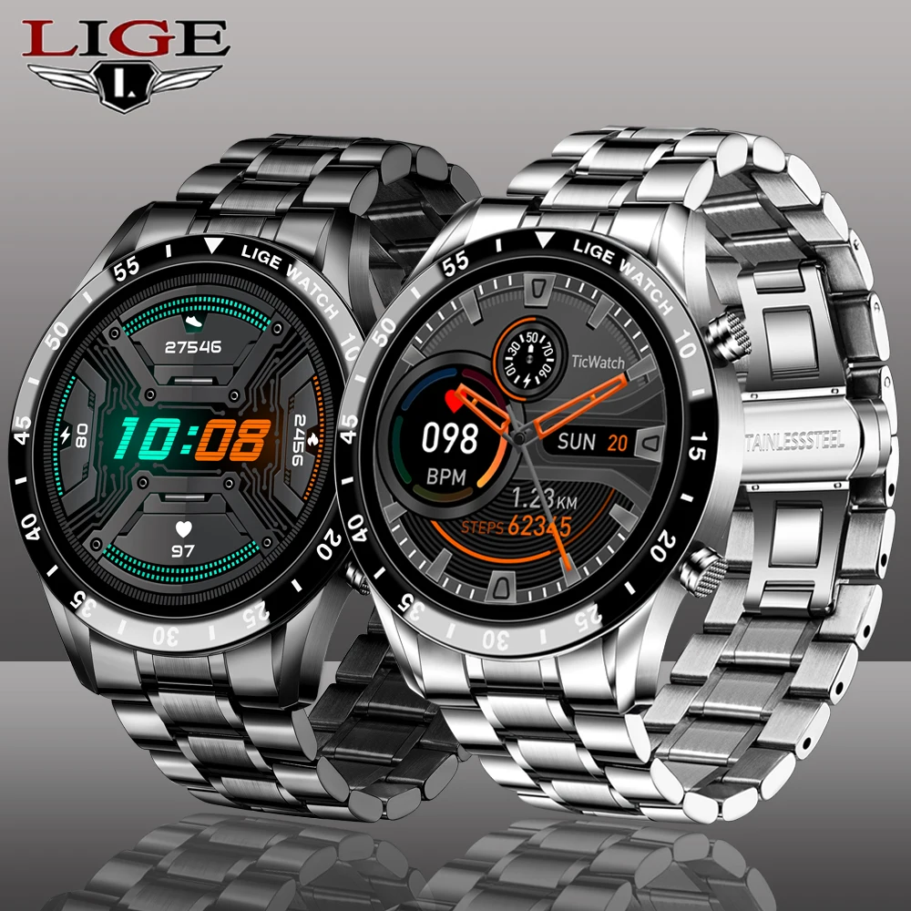 

LIGE Mens Smartwatch Full Touch Screen Heart Rate Blood Oxygen Monitor Bluetooth Call Message Reminder Sports Smart Watch Men