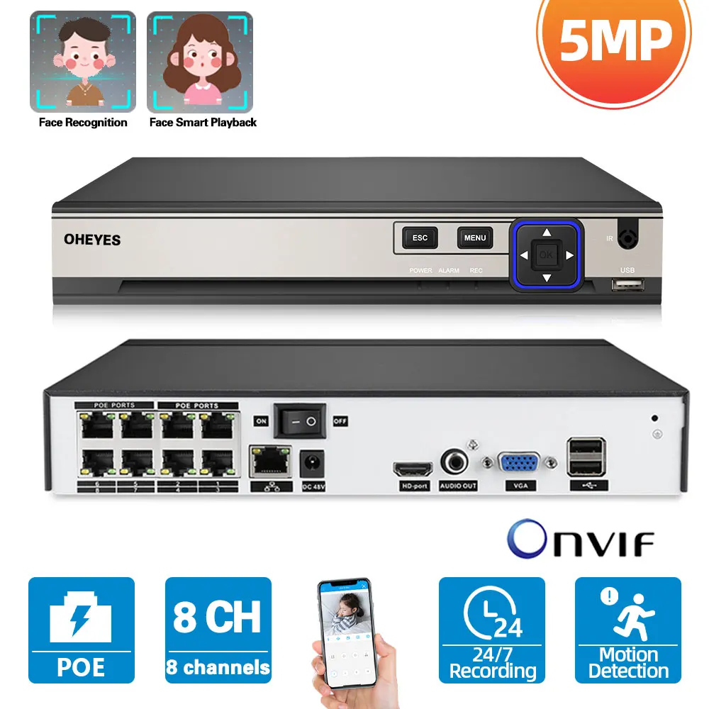 Распознавание лица 8 канальный сетевой видеорегистратор POE NVR H.265 5 МП рекордер