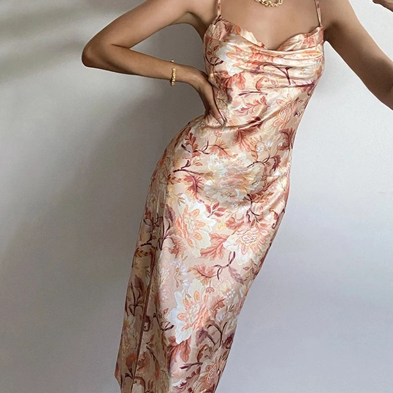 Print Floral Satin Dress Ruched Midi Split Summer 2021 Strap Backless Bandage Women Sexy Party Dresses