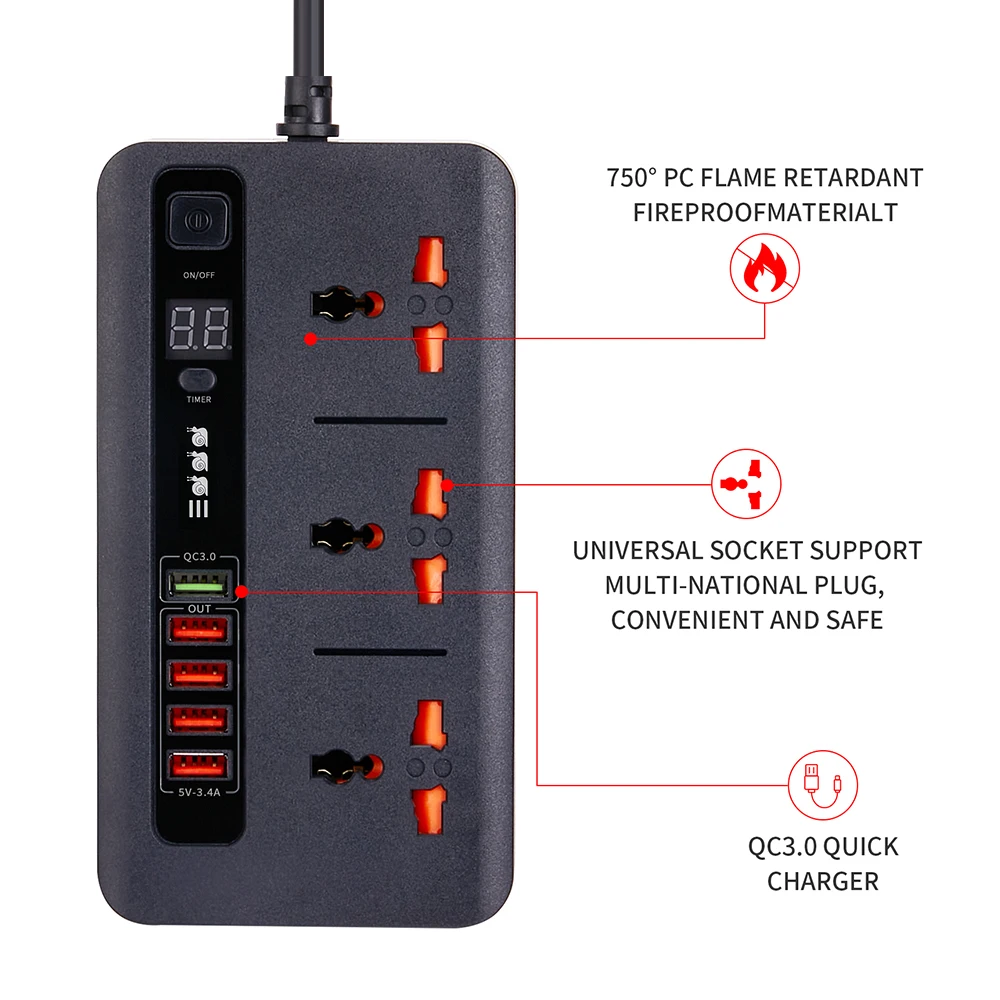 2500 Вт универсальная электрическая розетка 3 розетки переменного тока 5 USB умных