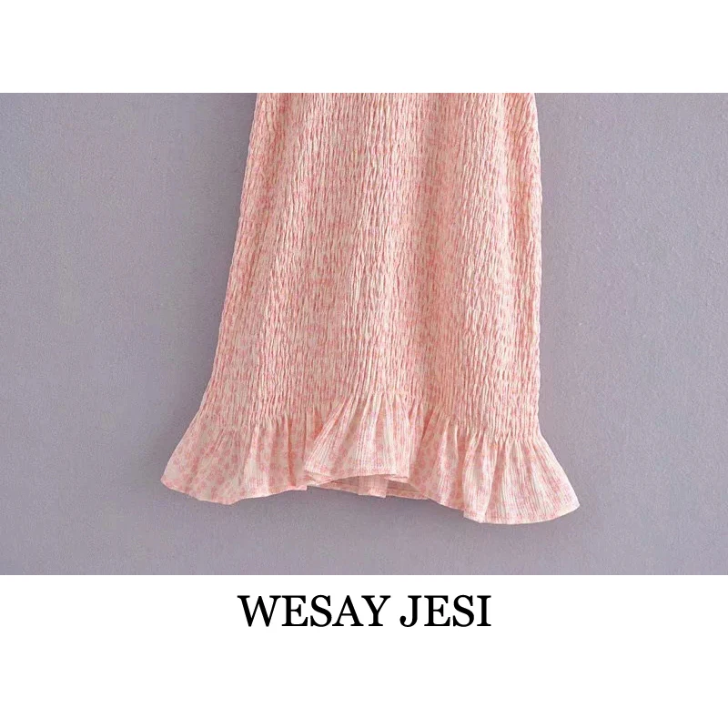 

WESAY JESI Summer Women's Dress 2021 Fashion Casual Mini Dresses Solid Color Ruffle Folds Elegant V-Neck Elastic Waist Dresses