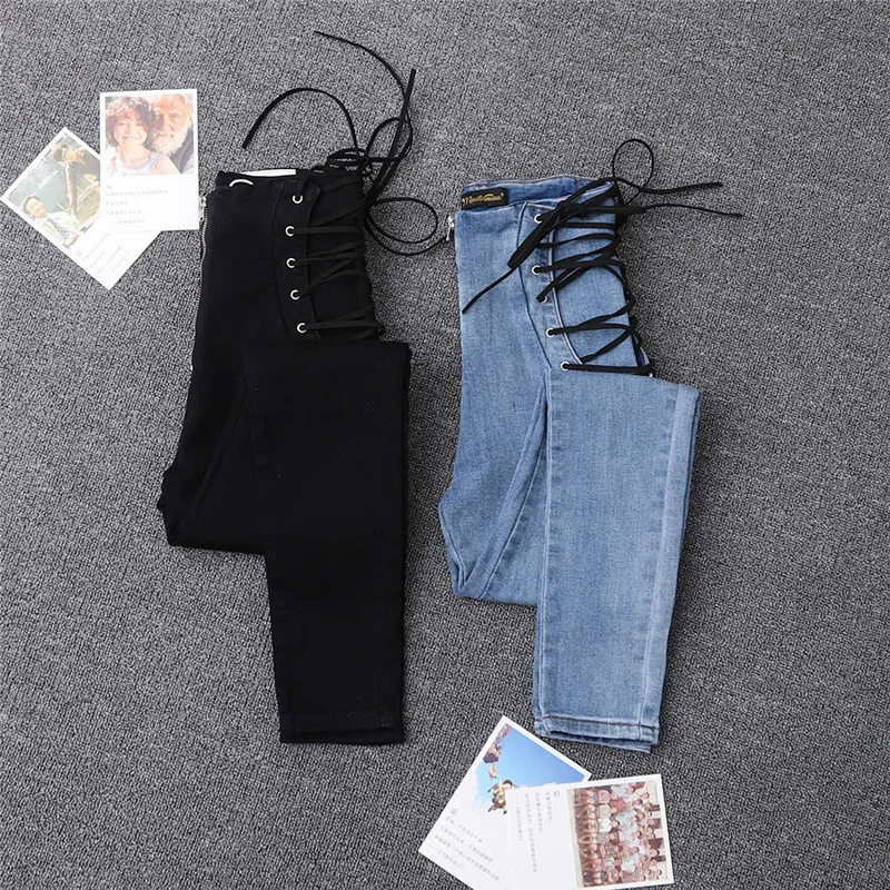 

High waist skinny jeans Stretch Denim Pants sexy slim leggings women elastic side tie lace-up blue black pencil pants