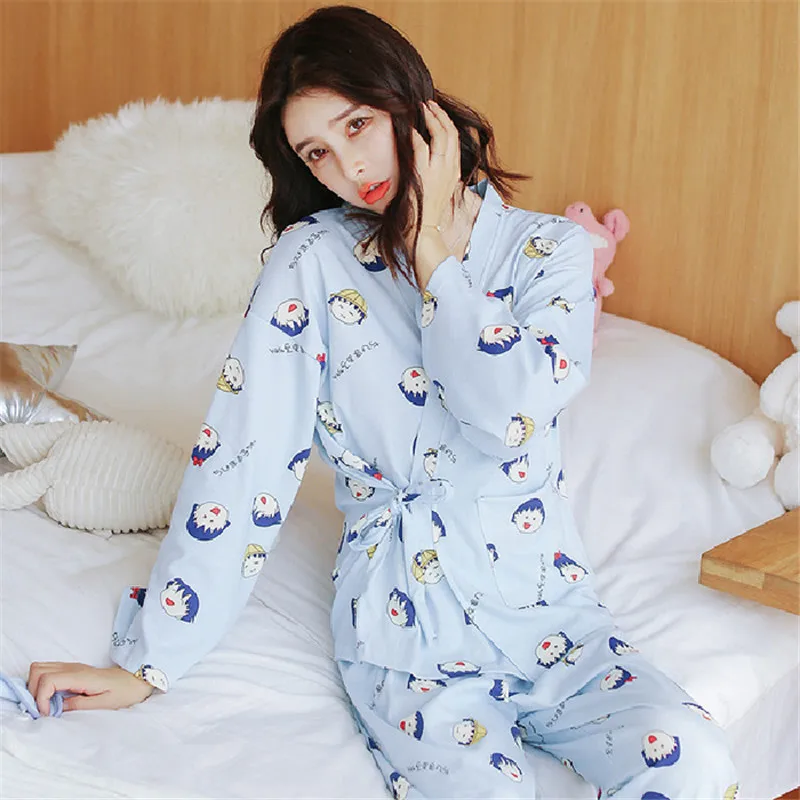 Женские пижамы с длинными рукавами в стиле кимоно женские мультяшным принтом