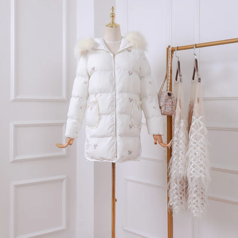 2019 autumn and winter new sweet long thick warm wool collar embroidery cotton coat women | Женская одежда
