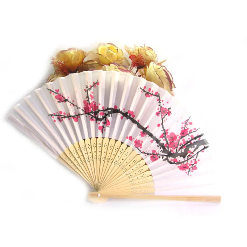 

1Pcs Elegant Chinese Bamboo Folding FansPlum Blossom Flower Print White Polyester Fans Wedding Christmas Party