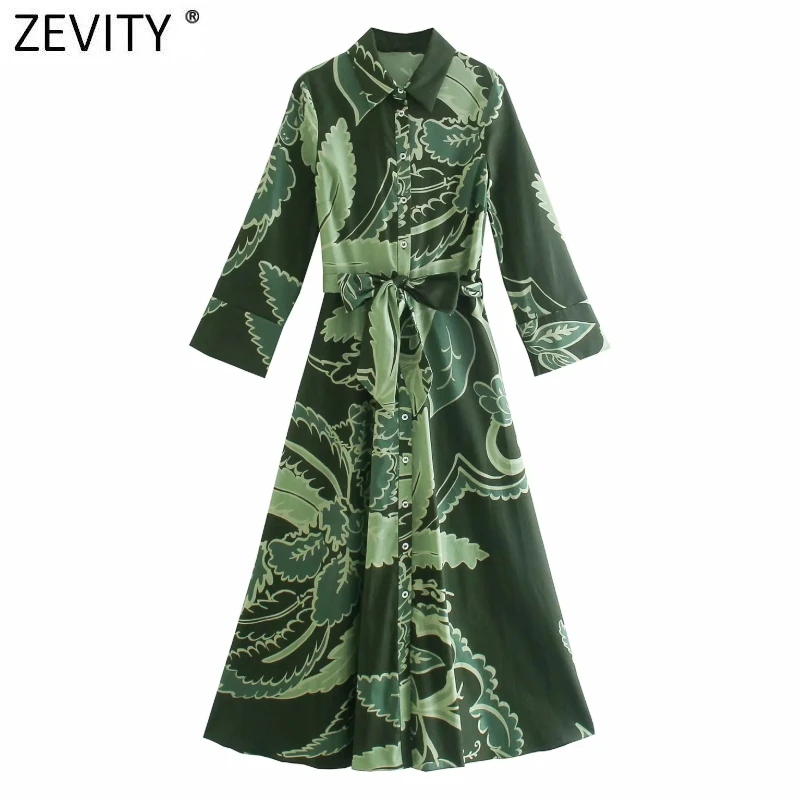 ZEVITY Women Vintage Contrast Color Floral Print Bow Sashes Shirt Midi Dress Female Single Breasted A Line Kimono Vestido DS8812