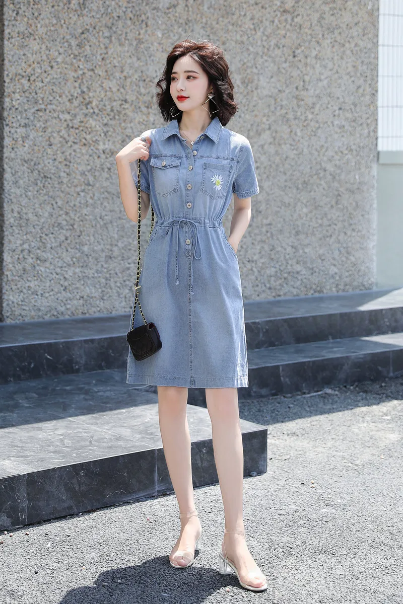 

Denim Dress Women's Summer Dress 2020 New Waist Was Thin Short Sleeve Tie Drawstring Thin Denim Dresses Female Short