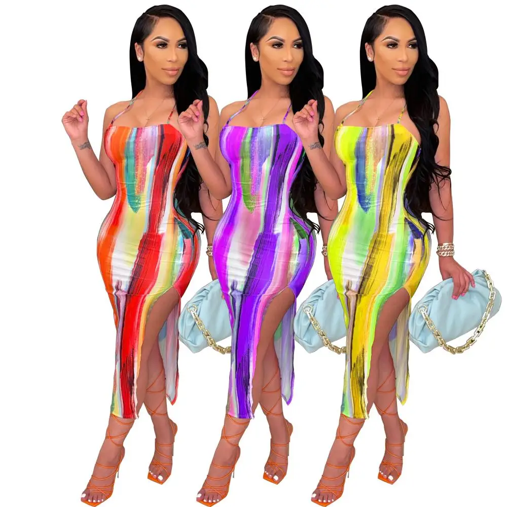

Multicolor Print Spaghetti Strap Halter Dress Women Back Crisscross Drawstring Tie Back Midiskirt Sexy Side Split Mid-Calf Dress
