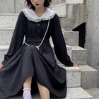 Женское платье с длинным рукавом QWEEK, черное миди-платье в готическом стиле, с воротником Питера Пэна, на шнуровке, в японском стиле Харадзюку