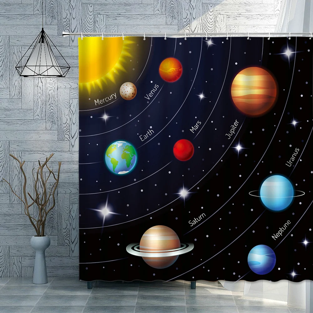 

Planetary Printed Shower Curtain Color Starry Sky Scattered Banknotes Bathroom Polyester Waterproof Decorative Screen With Hooks
