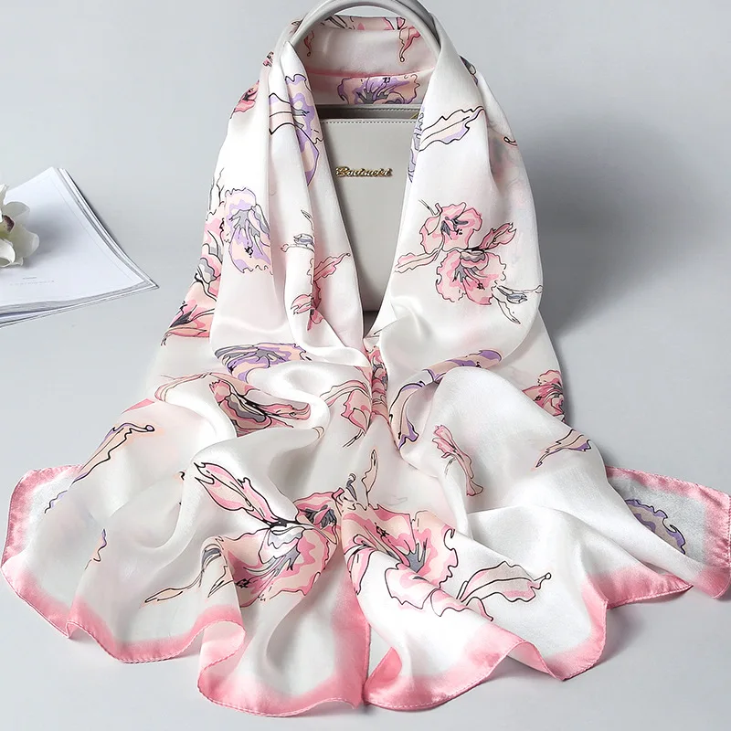 

Women Natural Silk Scarf Fashion Flower Print Shawls Office Lady Elegant Wraps Female Noble Hijabs Beautiful Gift 53x170cm