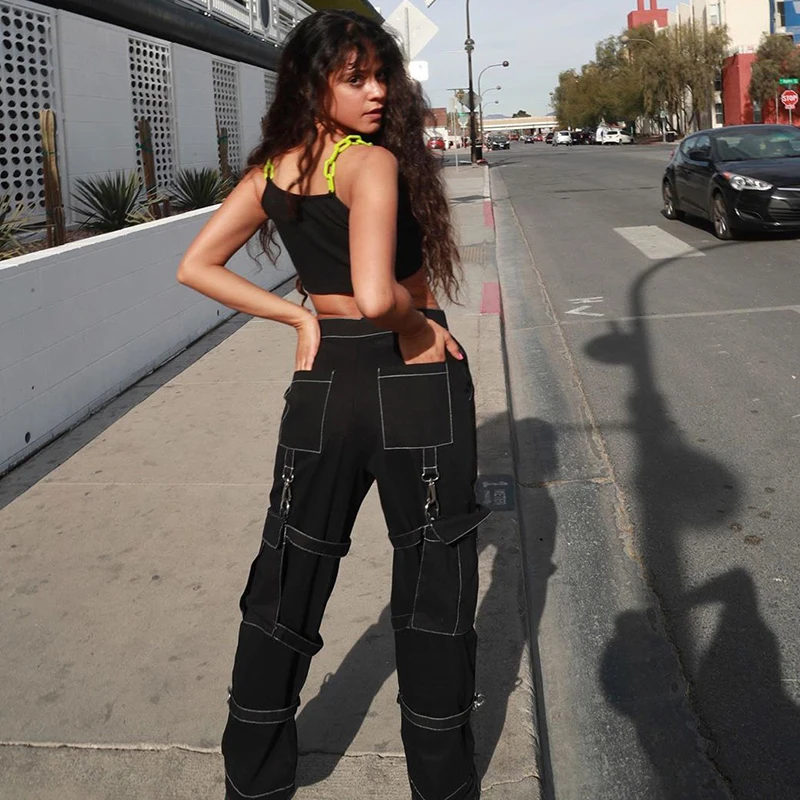 

Ladies Plus Size Ribbon Streetwear Punk High Waist Black Overalls Wide Leg Pants Gothic Pocket Streetwear Jogger Trousers Women