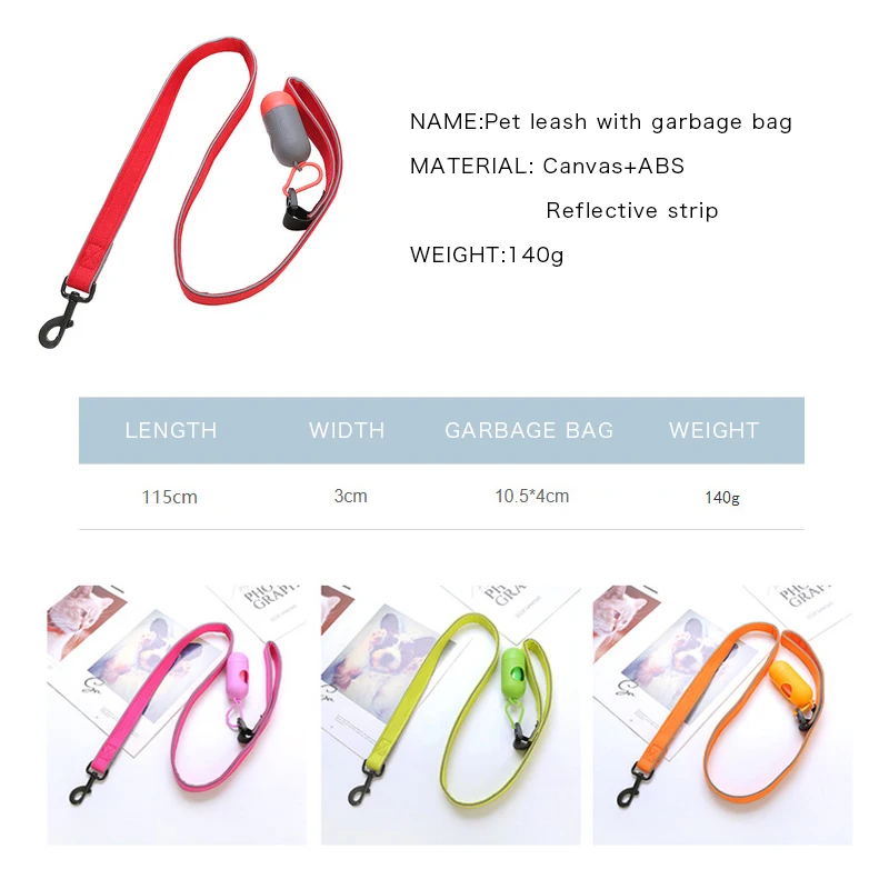 

Dog Leash With Poop Bag Dispenser Set Reflective Pet Soft Durable Traction Rope Outdoor Walking Lead Leashes for Dogs Supplies