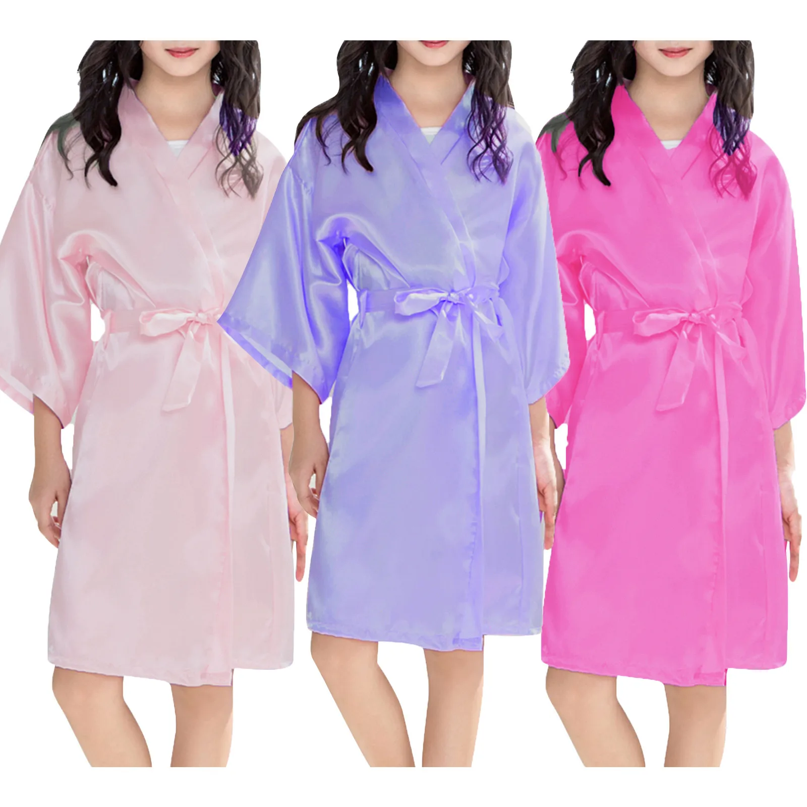Fashion Toddler Infant Baby KidS GirlS Solid Colors Satin Casual 3/4 Sleeve Belt Kimono Robes Bathrobe Sleepwear Clothes#p4 | Детская