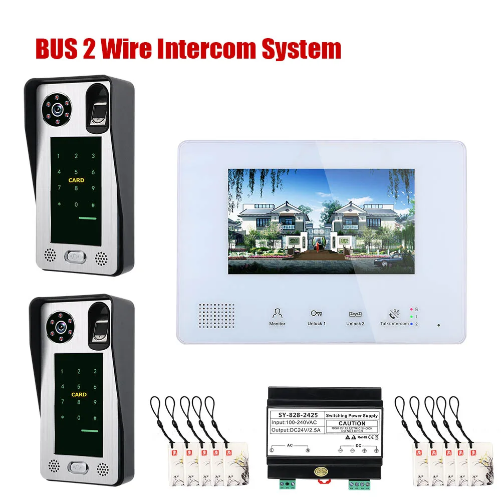 

7 Inch BUS 2 Wire Fingerprint Video Door Phone Intercom systems for home 1-doorbell camera 1-monitor Night Vision