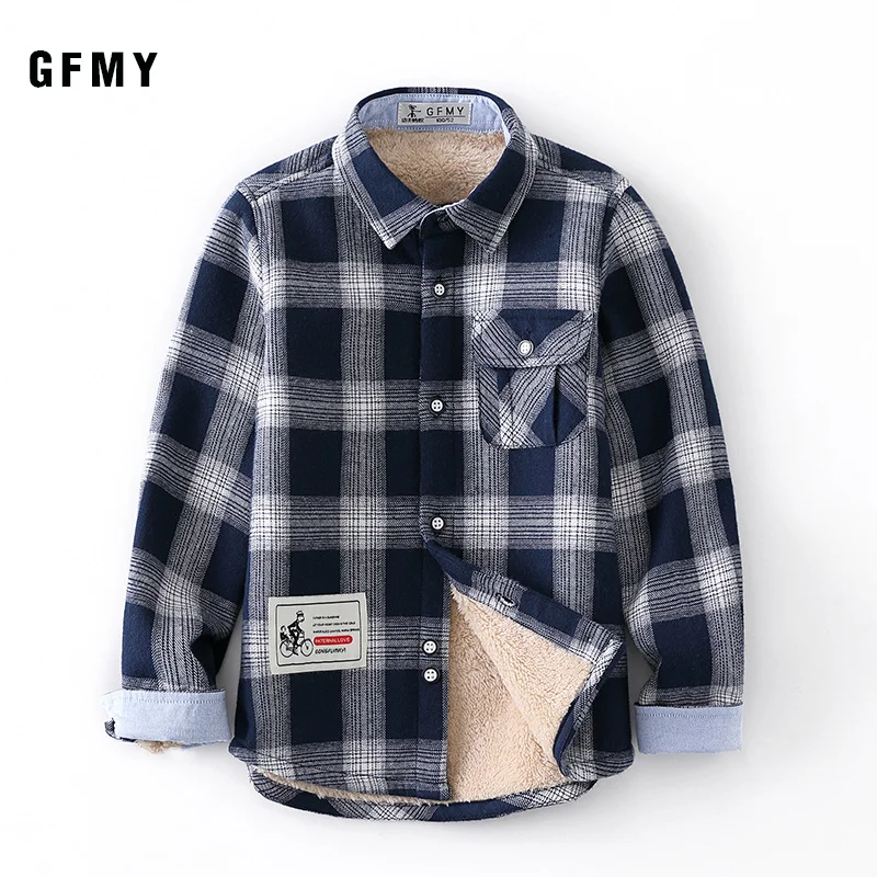 GFMY 2019  Winter 100% Cotton Full Sleeve Fashion Plus velvet Plaid Boys Shirt 3T-12T Casual Big Kid Clothes Can Be a Coat images - 6