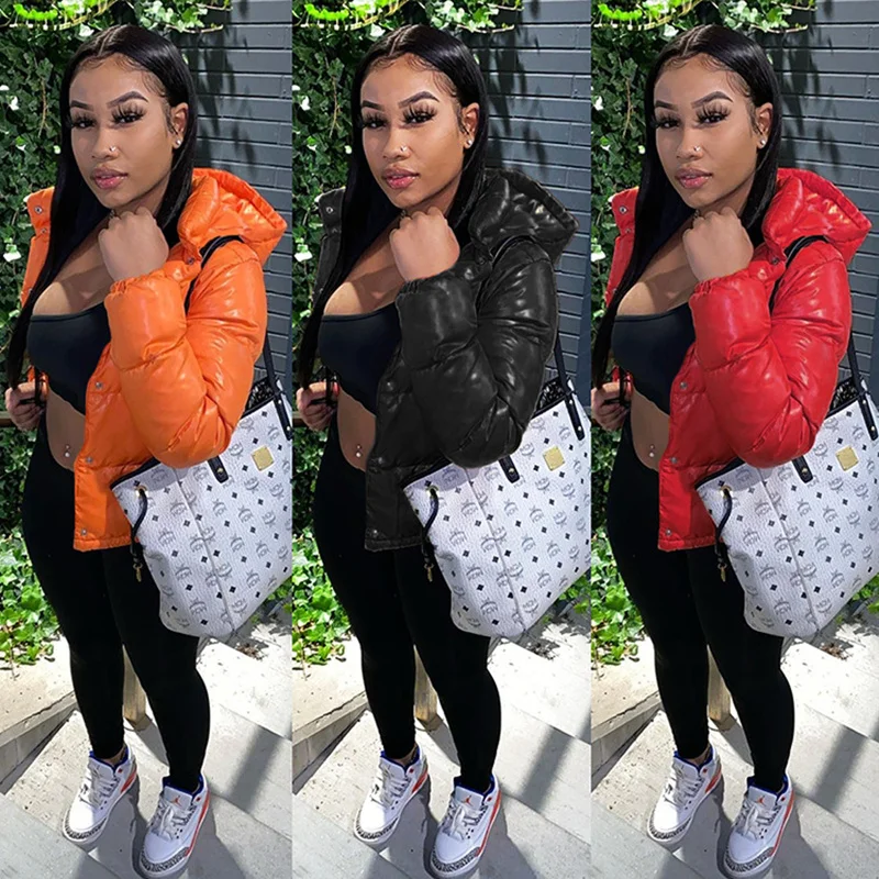 

Warm Coat Winter Warm Bright PU Hoodies Women Cropped Puffer Jacket Clothing Warm Parka Long Sleeve Bubble Coats Street Leather