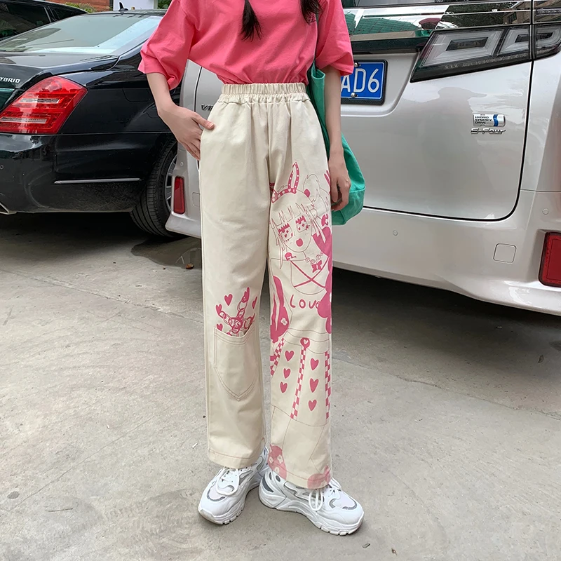 

Cartoon Girl Graffiti Harajuku Kawaii Casual Pants Women'S Summer Trousers High Waist Elastic Waist Straight Wide Leg Pants