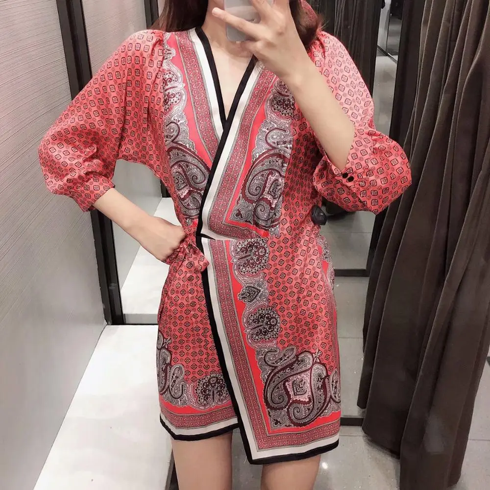 Новинка 2019 женское винтажное платье с цветочным принтом повседневное кимоно