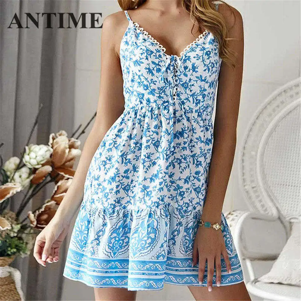 ANTIME Boho платье на бретельках женское летнее богемное ТРАПЕЦИЕВИДНОЕ ПЛАТЬЕ С v-образным вырезом на шнуровке повседневное Мини шифоновое платье без рукавов винтажное
