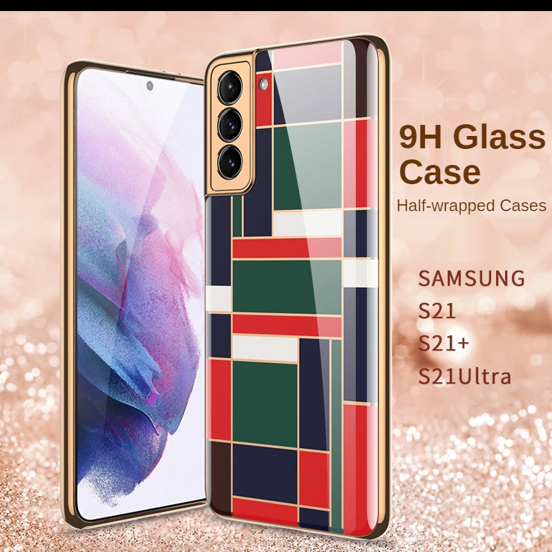 

Cute Ultra-Thin Phone Case For Samsung S21 Tempered Glass Cover S21ultra Shockproof Protective Shell S21plus Half-Wrapped Case