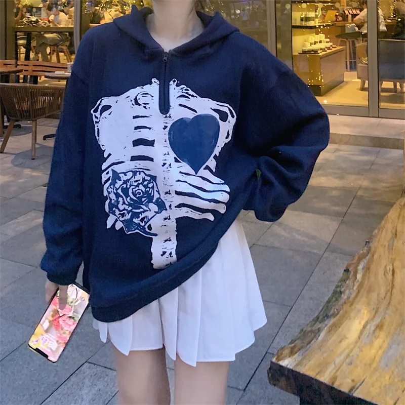 

Y2K Women Hoodies Jacket Coat Harajuku Flower Bone Print Streetwear Zipper E-girl Punk Sweatshirt Outwear Cardigan Black Clothes